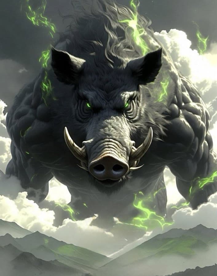A colossal $BOAR wreathed in storm clouds and green energy over the mountains
